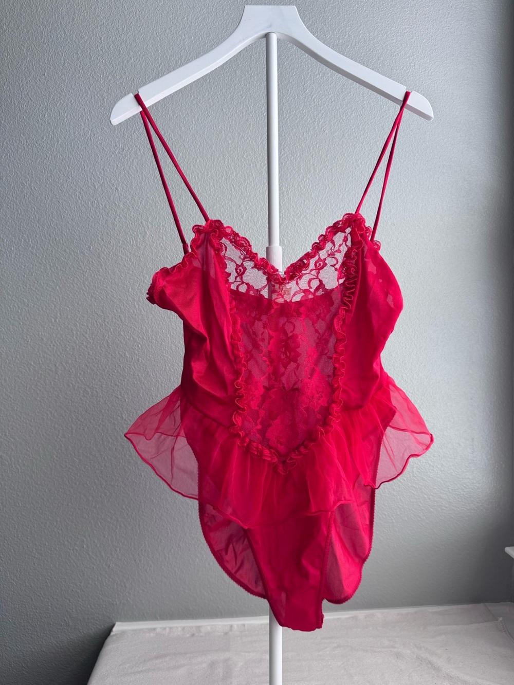 Delicates Vintage Sheer Lace Teddy Bodysuit Pink Mesh Lingerie Large